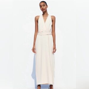 NWT. Zara Ecru Mixed Semi-Sheer Long Slip Sleeveless Dress. Size M.